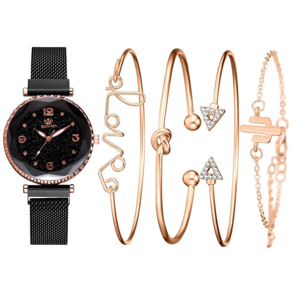 Conjunto de Relógio com Pulseiras | Glamour - conjunto-de-relogio-com-pulseiras-glamour-acessorios-femininos-techunt-preto-212488