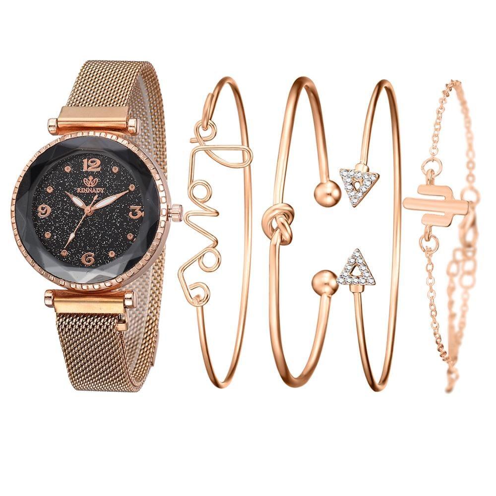 Conjunto de Relógio com Pulseiras | Glamour - conjunto-de-relogio-com-pulseiras-glamour-acessorios-femininos-techunt-rose-885364